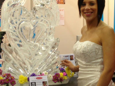 Lovebirds On Heart Vodka Ice Luge Ice Sculpture At Olympia Wedding Show