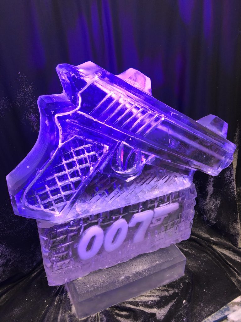 007 Gun Ice Sculpture ; 007 Vodka Ice Luge ; No Time To Die Party