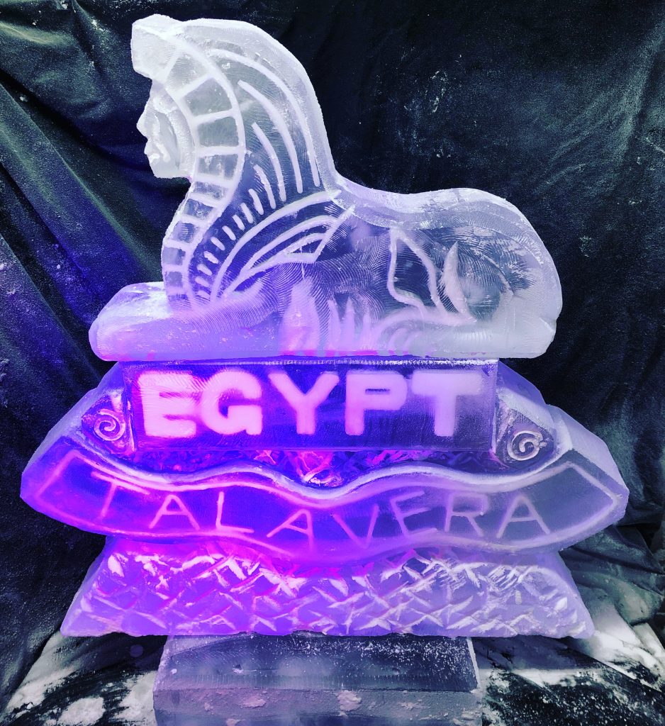Large Ice Sculpture Vodka Luge of a Talavera Sphinx for Royal Anglian Regiment