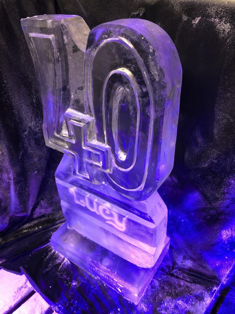 40 And Name Ice Sculpture Vodka Ice Luge for Lucy Birthday