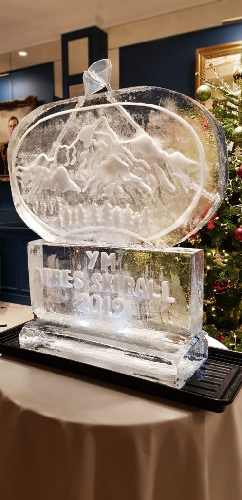 Apres Ski Themed Vodka Ice Luge Ice Sculpture for RAC Club Xmas Party
