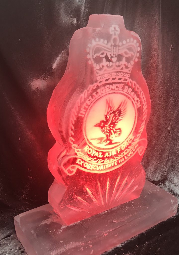 Royal Air Force military crest Ice Sculpture Vodka Luge in Chicksands and High Wycombe /Military Ice Luge
