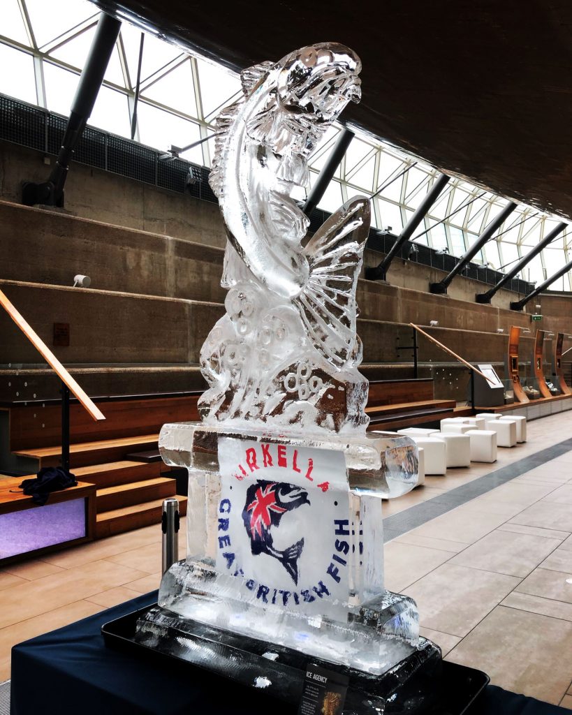 Leaping Cod Ice Sculpture Vodka Luge Ice Carving at Cutty Sark for RMG Events