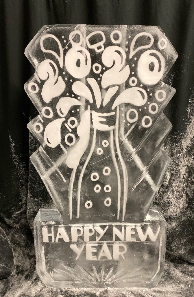 Bursting Champagne Bottle Vodka Ice Luge Ice Sculpture for New Years Eve Party