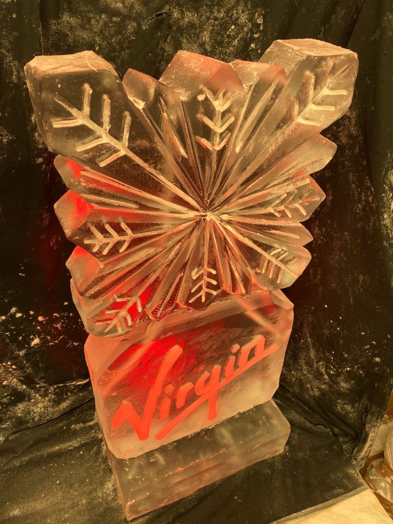 Virgin Logo and Snowflake Vodka Ice Luge Ice Sculpture For Office Christmas Party Gatwick