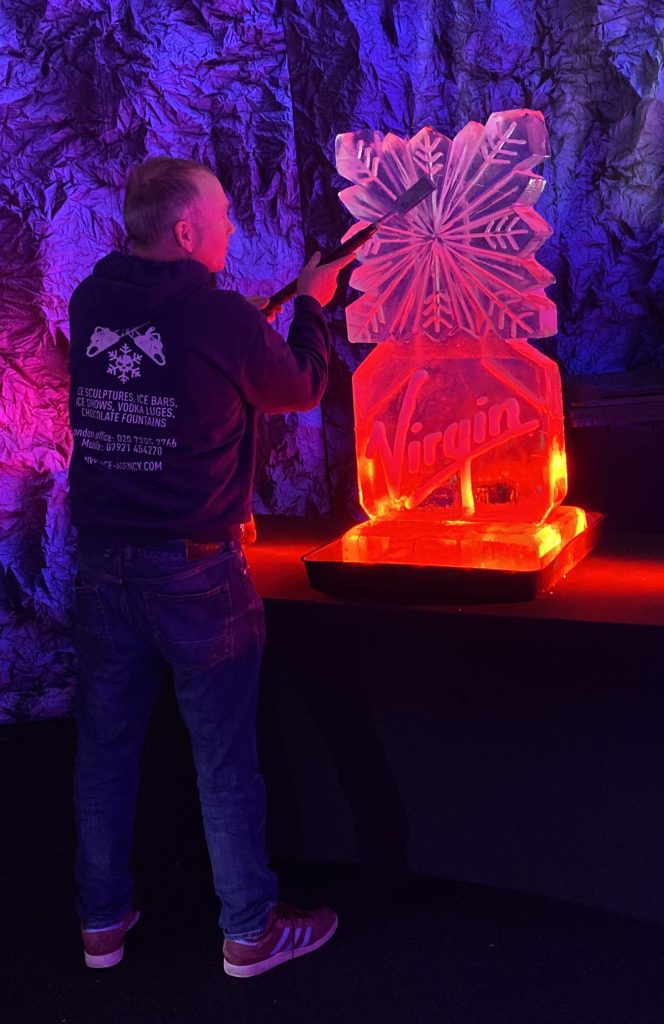 Virgin Logo Vodka Ice Luge Ice Sculpture For Virgin Holidays Christmas Party