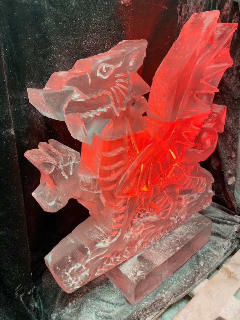 Welsh Wedding Dragon Vodka Ice Luge Ice Sculpture for Celtic Manor Wedding