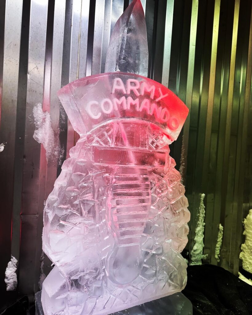 Royal Marines ice luge, Commandos sculpture, Sykes Fairburn dagger, Royal Marines ice sculpture