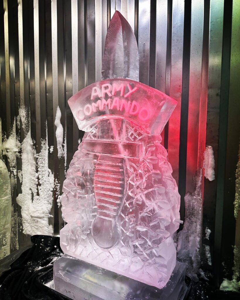 Royal Marines ice luge, Commandos, Sykes Fairburn dagger, Royal Marines ice sculpture