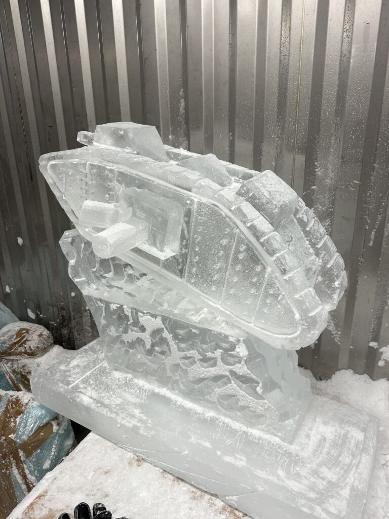 World War 1 tank, IV tank, tank ice sculpture, tank ice luge
