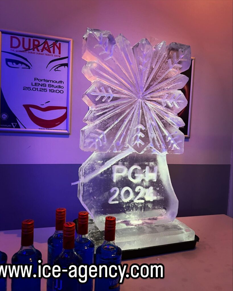 Snowflake vodka luge ice sculpture at Portsmouth guildhall