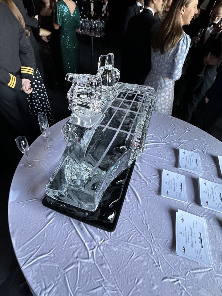 HMS Prince Of Wales aircraft carrier ice sculpture in Portsmouth naval base