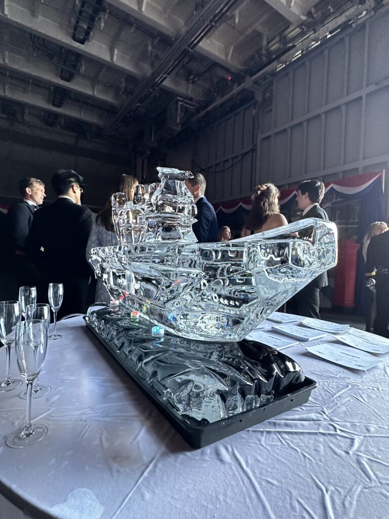 HMS Prince Of Wales aircraft carrier ice sculpture in Portsmouth naval base