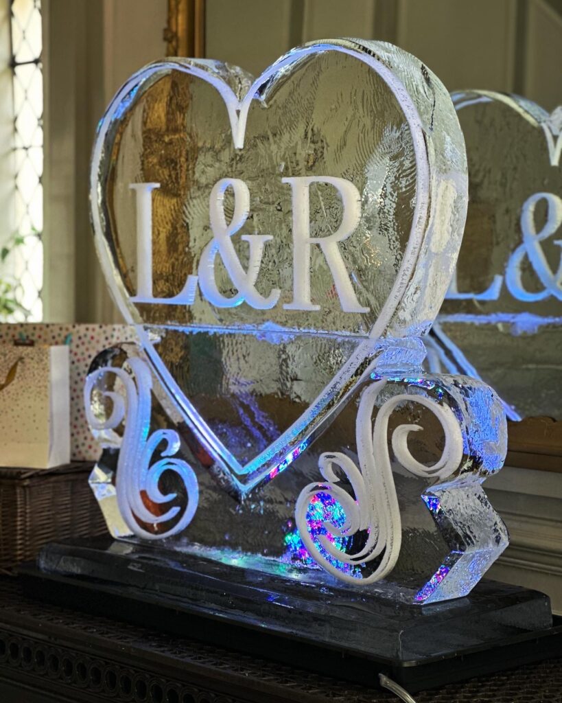 Initials on Heart Ice Sculpture at Gosfield Hall in Essex
