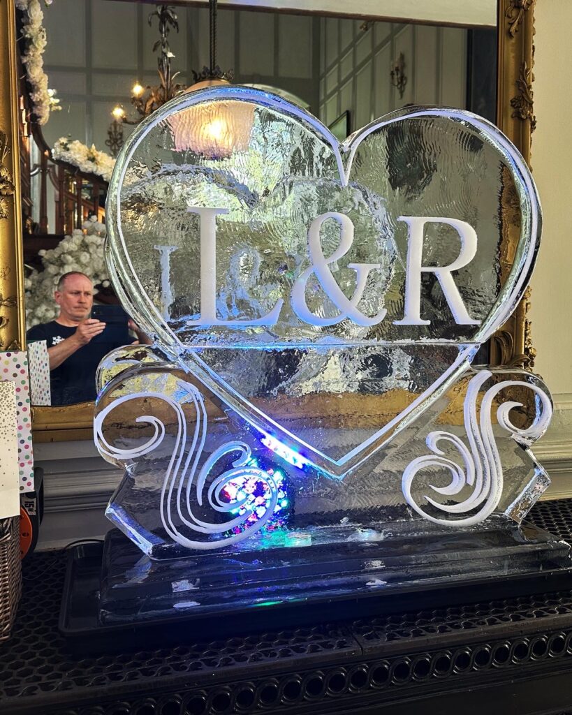 Initials on Heart Ice Sculpture at Gosfield Hall in Essex