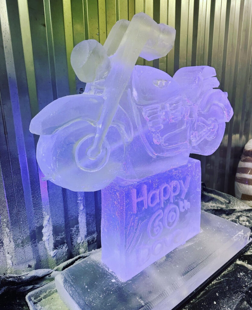 Motorbike ice sculpture vodka luge of a Harley Davidson