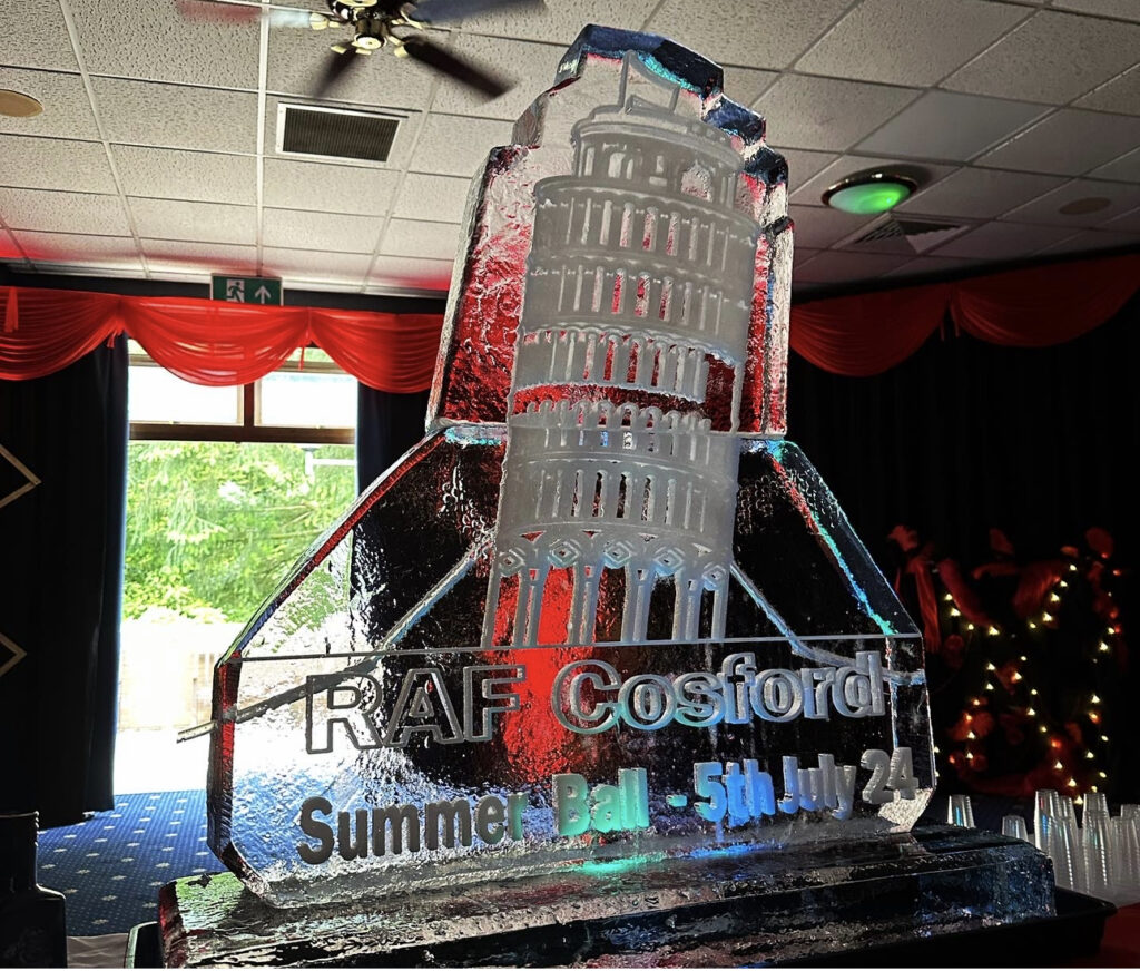 Leaning Tower of Pisa ice sculpture vodka luge at RAF Cosford mess party