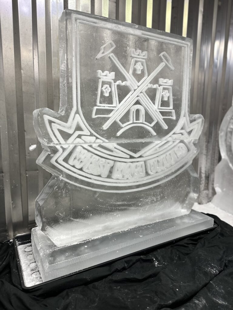 Ice Sculpture Luge of West Ham United Football team crest in London