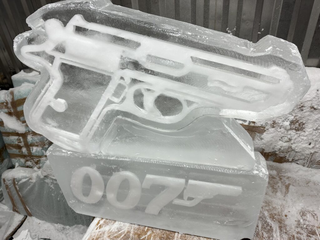 007 Bond themed vodka ice luge 1mx1m in freezer