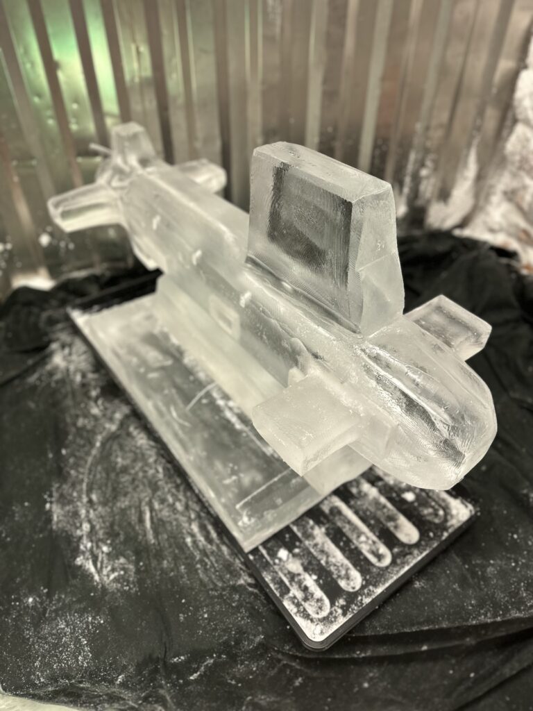 AUKUS submarine ice sculpture luge in Faslane naval base