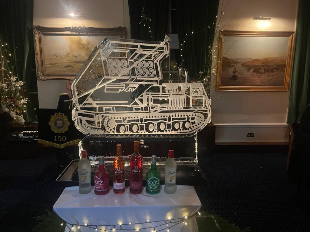 Multiple Launch Rocket System ice sculpture vodka luge for 101st Regiment Royal Artillery in Newcastle