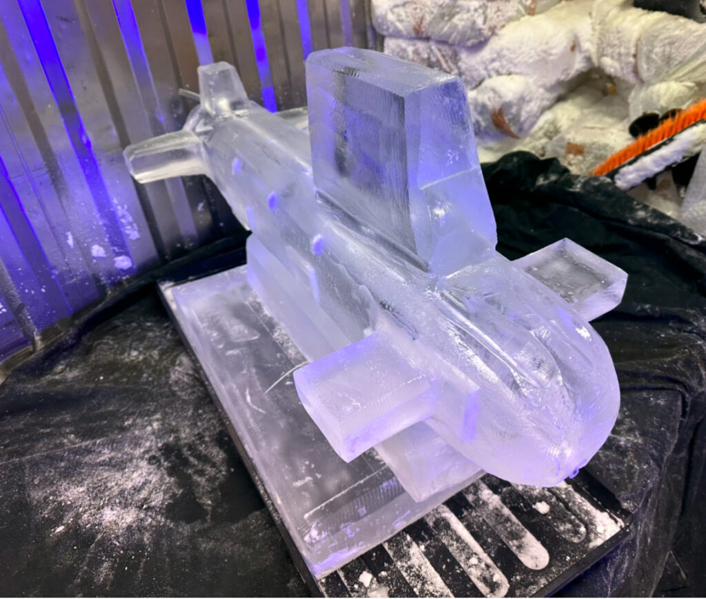 AUKUS submarine ice sculpture luge in Faslane naval base