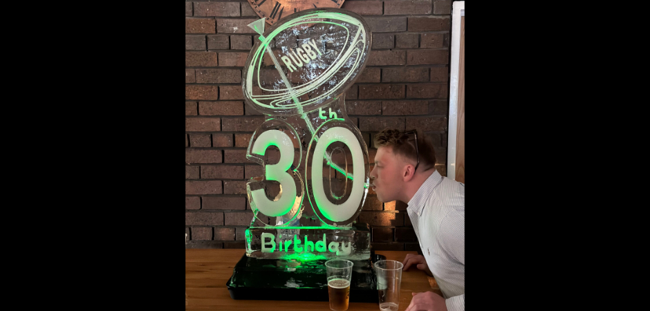 Rugby ball ice luge for 30th birthday