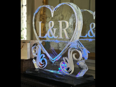 Initials on Heart Ice Sculpture at Gosfield Hall in Essex
