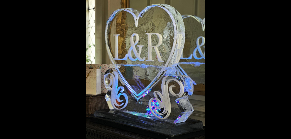 Initials on Heart Ice Sculpture at Gosfield Hall in Essex