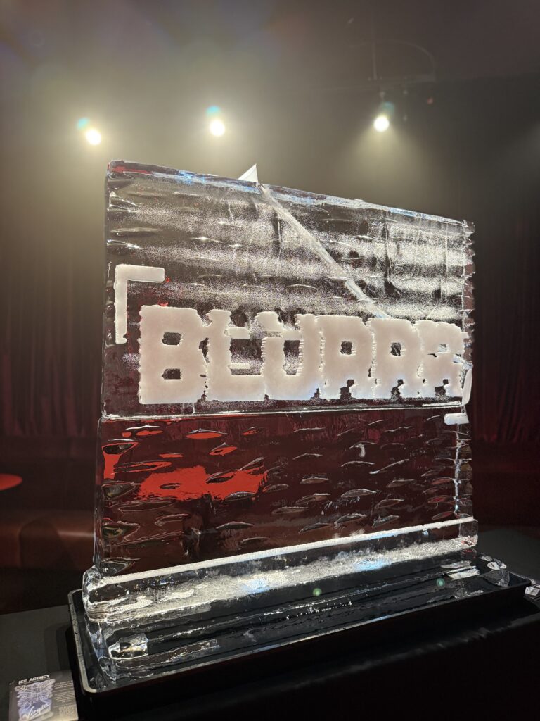 Blurrr logo ice sculpture luge for launch party
