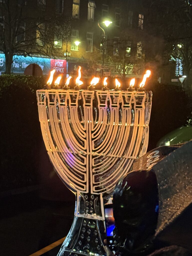 2m high Menorah Ice Sculpture for hanukkah celebrations in St Albans