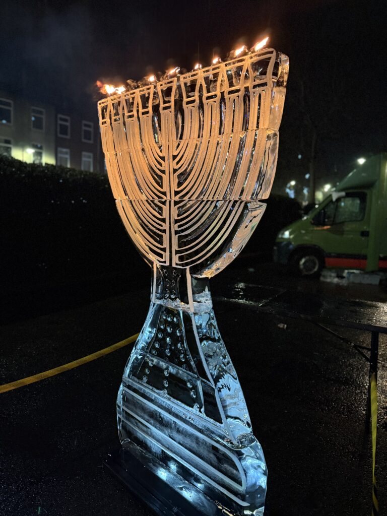 Hanukkah ice sculpture of a Menorah for Radlett Jewish event