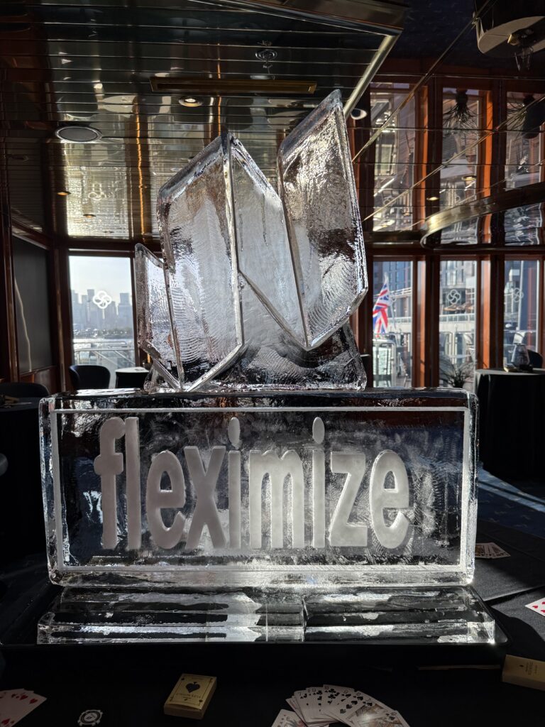 Ice Sculpture of Fleximize logo on Sunborn yacht in Victoria Dock London