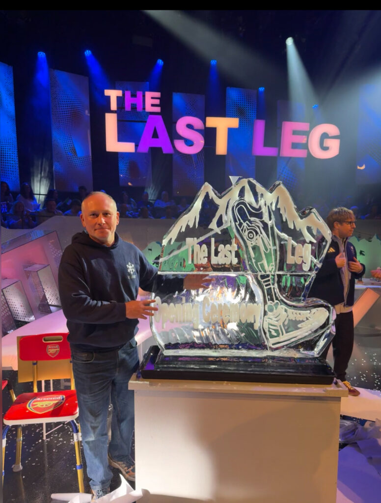 The Last Leg tv show ice sculpture luge of a prosthetic leg for channel 4