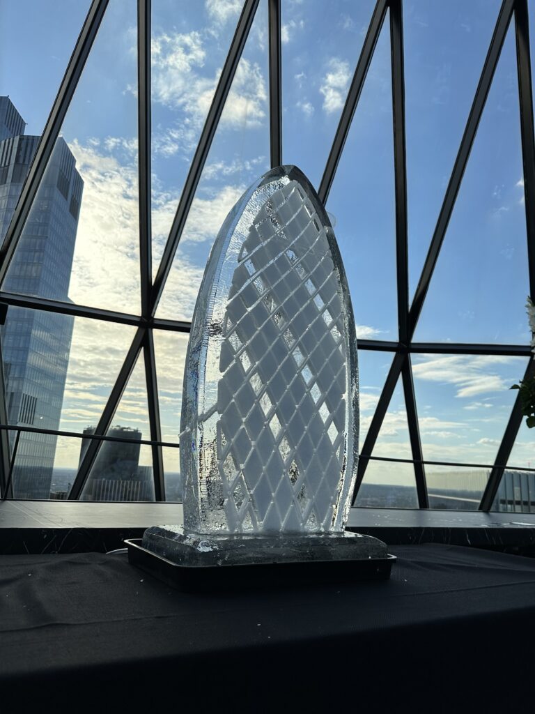 Ice sculpture of the Gherkin building for a wedding in the Gherkin for Searcy's restaurant