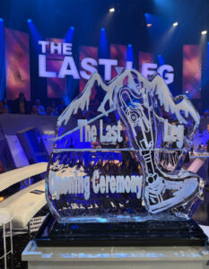 The Last Leg tv show ice sculpture luge of a prosthetic leg for channel 4