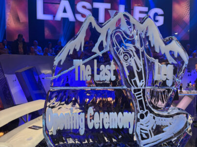 The Last Leg tv show ice sculpture luge of a prosthetic leg for channel 4
