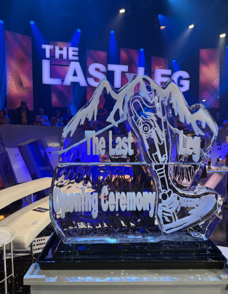 The Last Leg tv show ice sculpture luge of a prosthetic leg for channel 4
